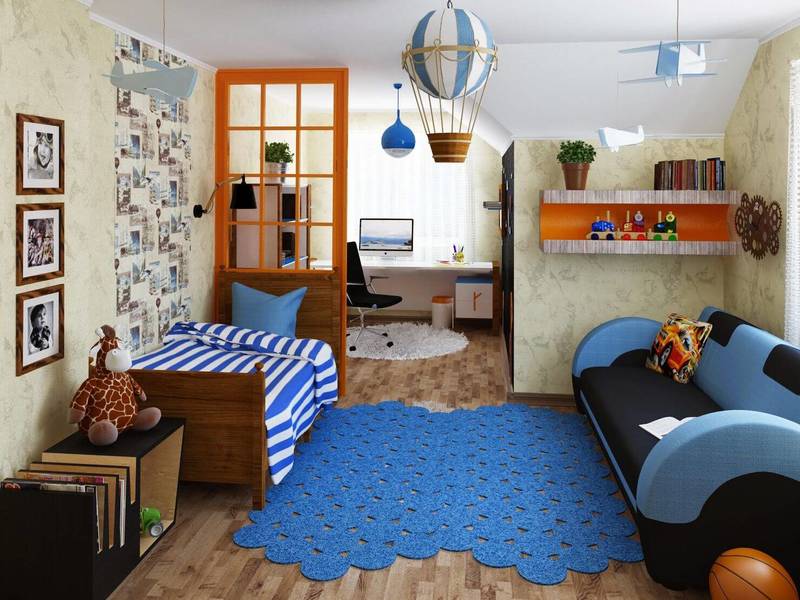 Modrý koberec v dětském pokoji