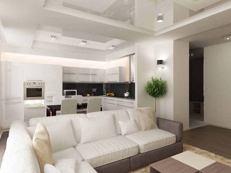 Bílá kuchyně a obývací pokoj