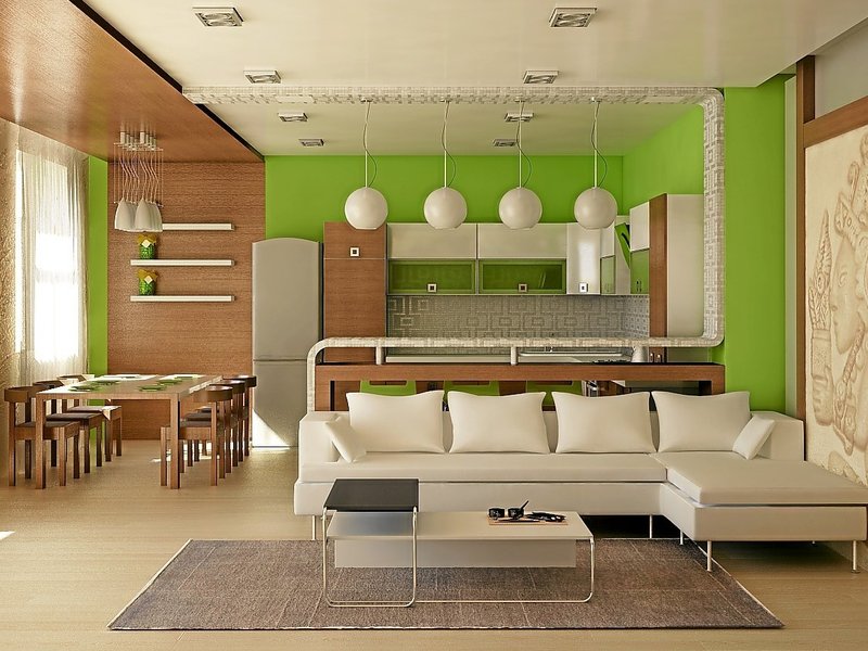 Green kitchen and lounge