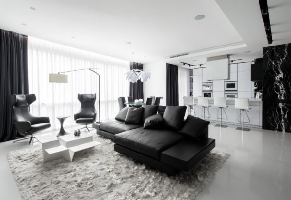 Interiér obývacího pokoje černé a bílé