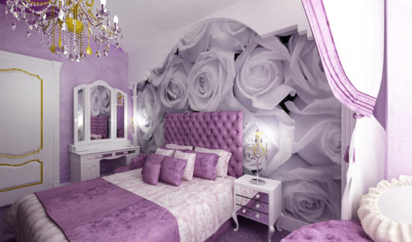 Lila kleur slaapkamer interieur